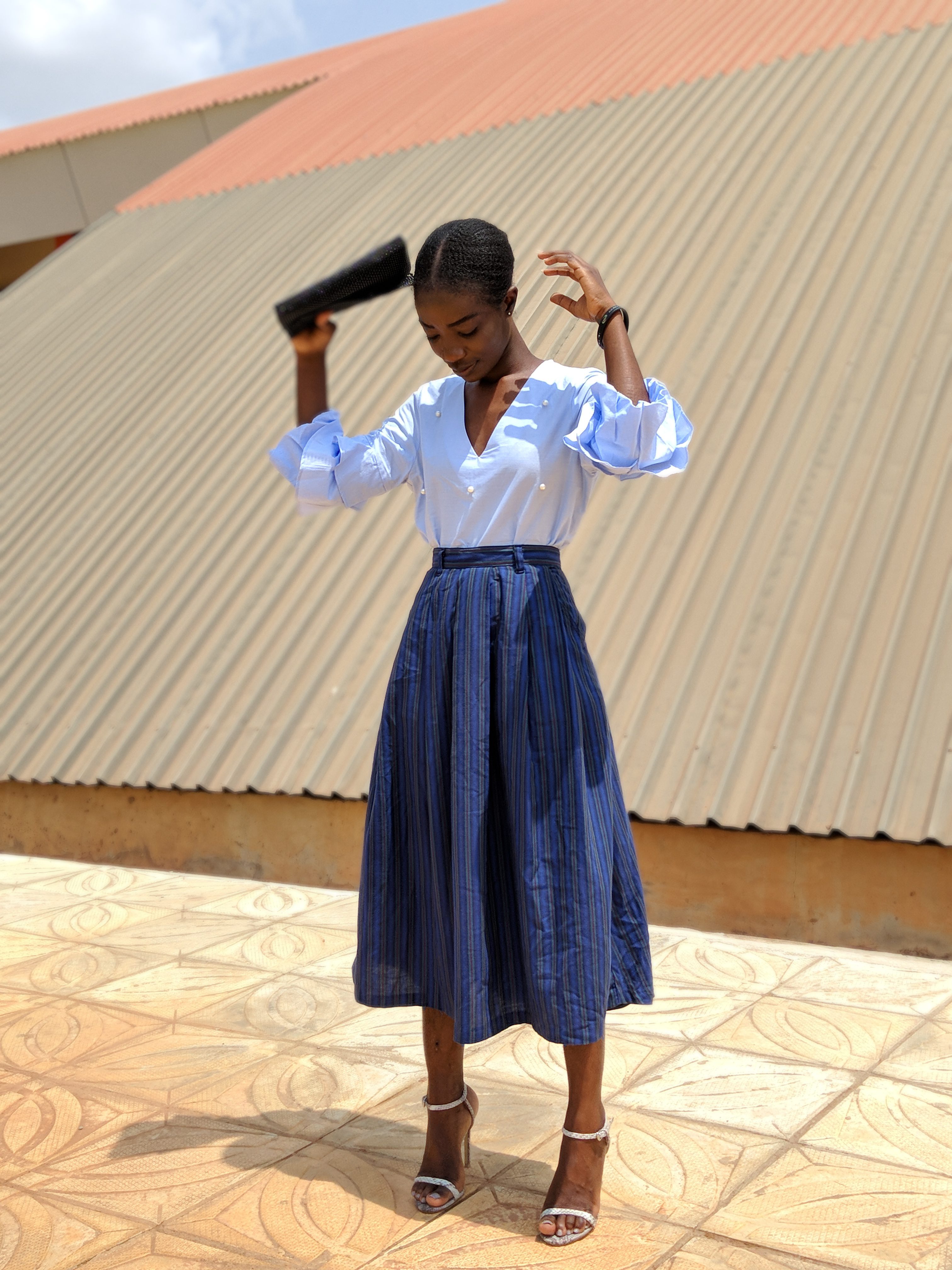 Osaah-Zara Woman- Blue- Pearl Top- 70's Skirt- Topshop Sandal Heels 6
