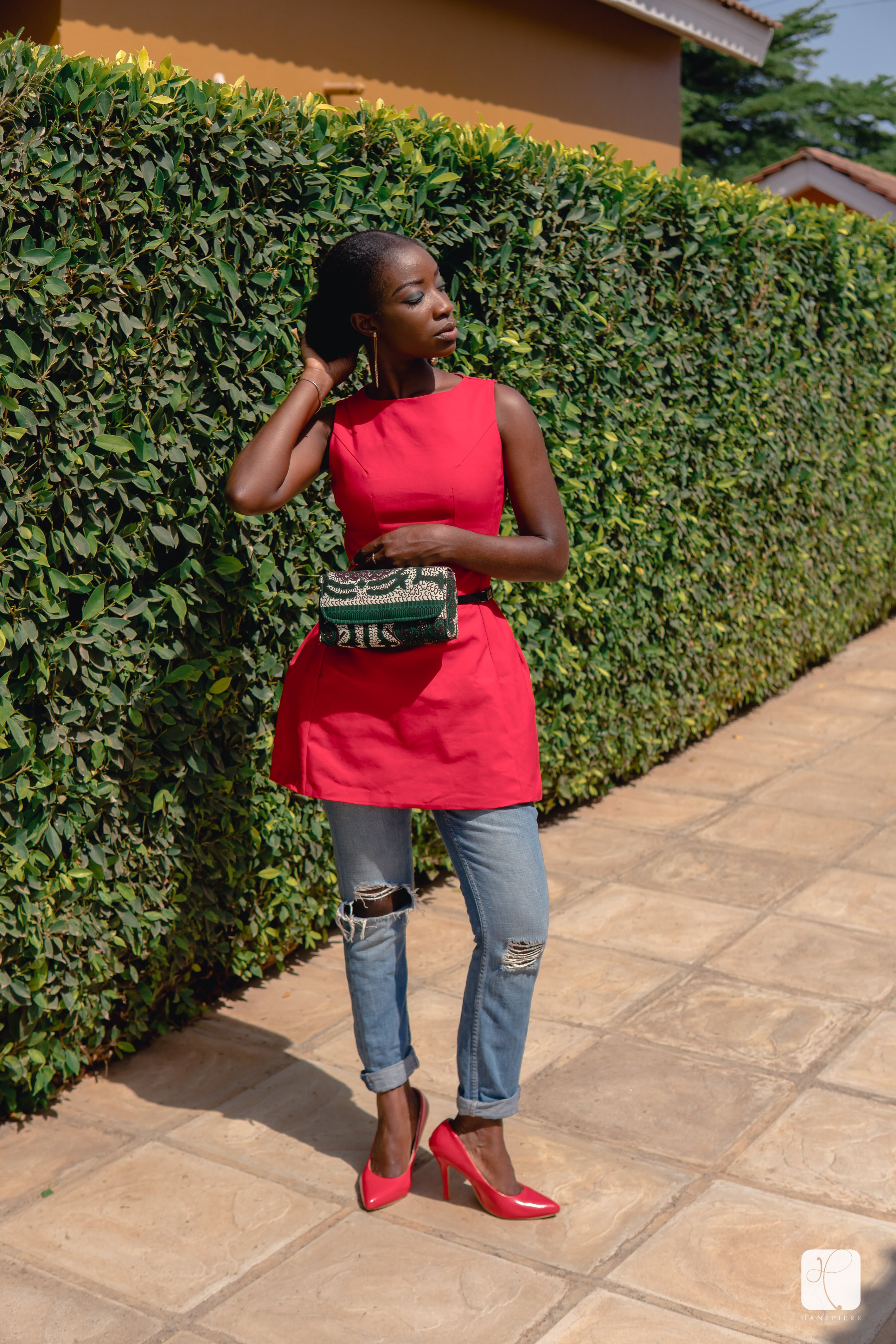 Plus 1-Osaah-Red Pumps-George Amua waist bag-Red Vintage Dress 2