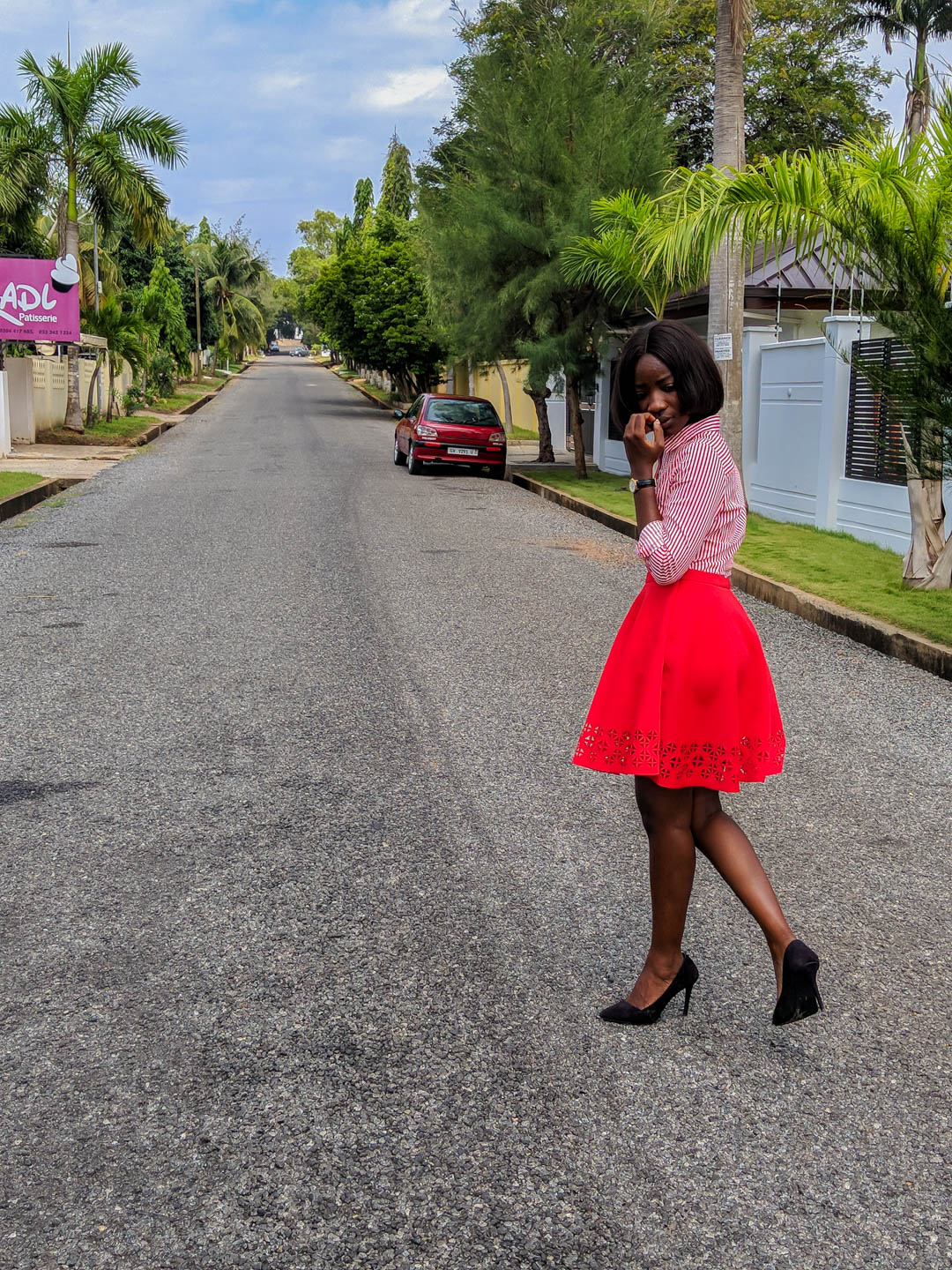 Osaah-Red Stripe Shirt-Court Heels-Midweek-Style-Work Inspiration 3